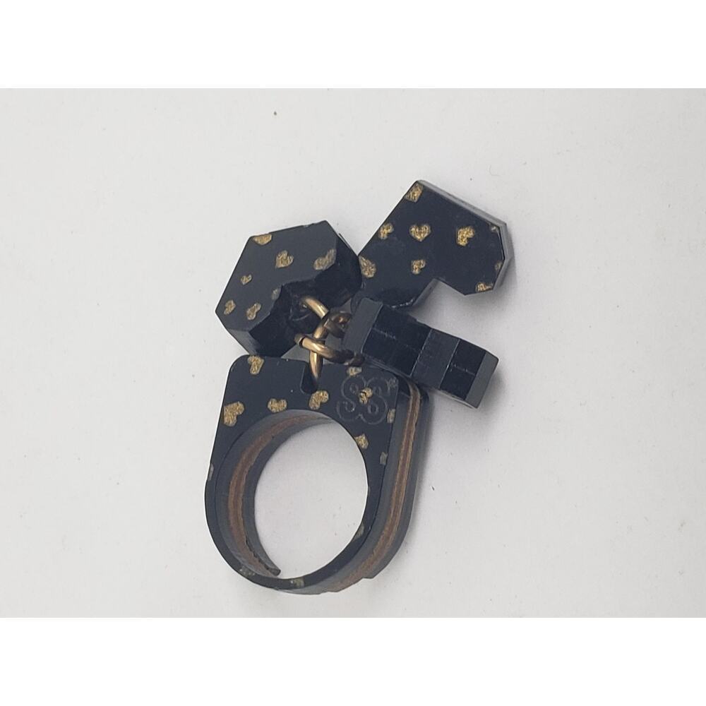 Artist Made Black Dangle Heart Charm Ring Wood Carved sz 7.75